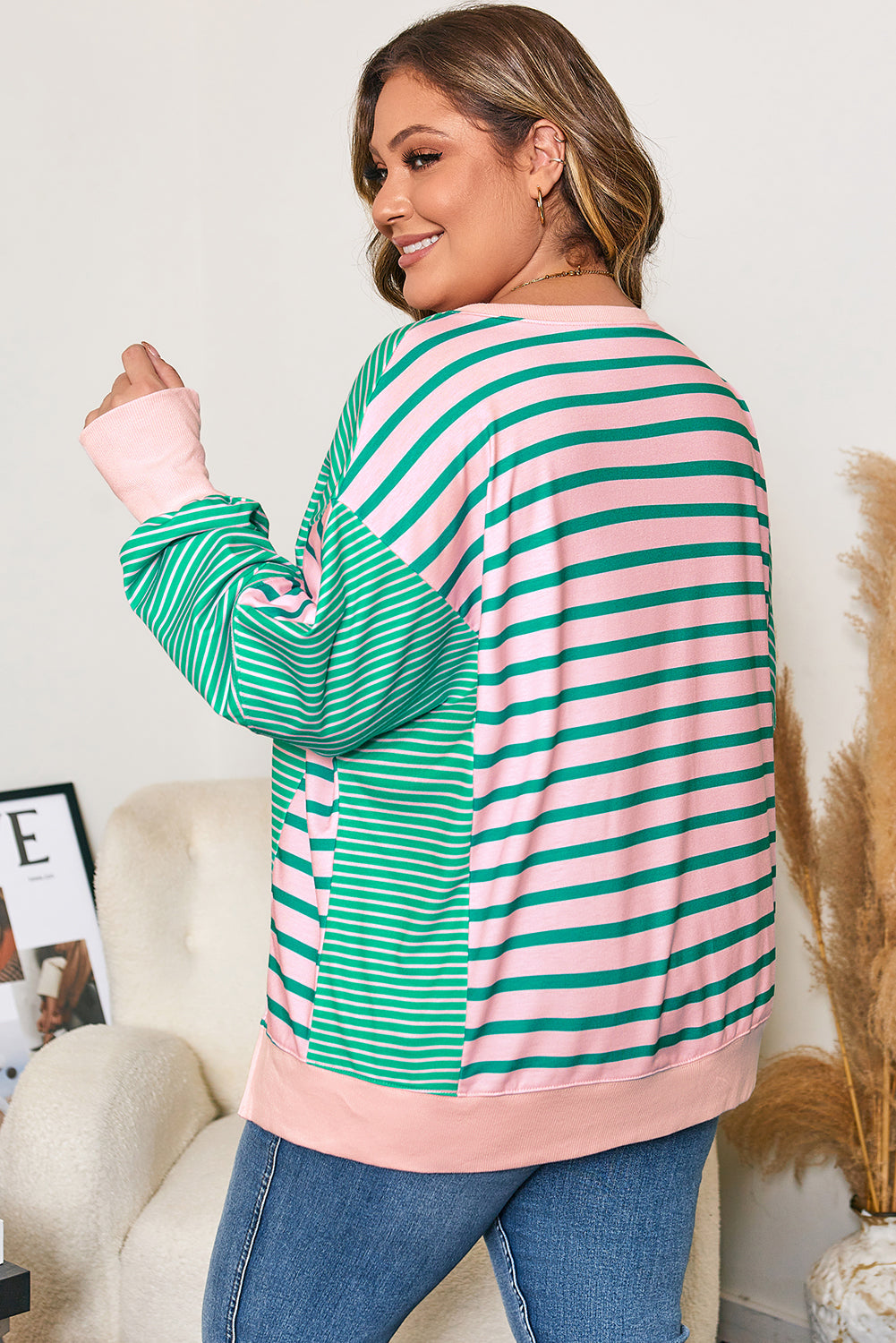 Green Stripe Color Block Exposed Seam Side Slit Plus Size Sweatshirt-Plus Size/Plus Size Sweatshirts & Hoodies-[Adult]-[Female]-2022 Online Blue Zone Planet