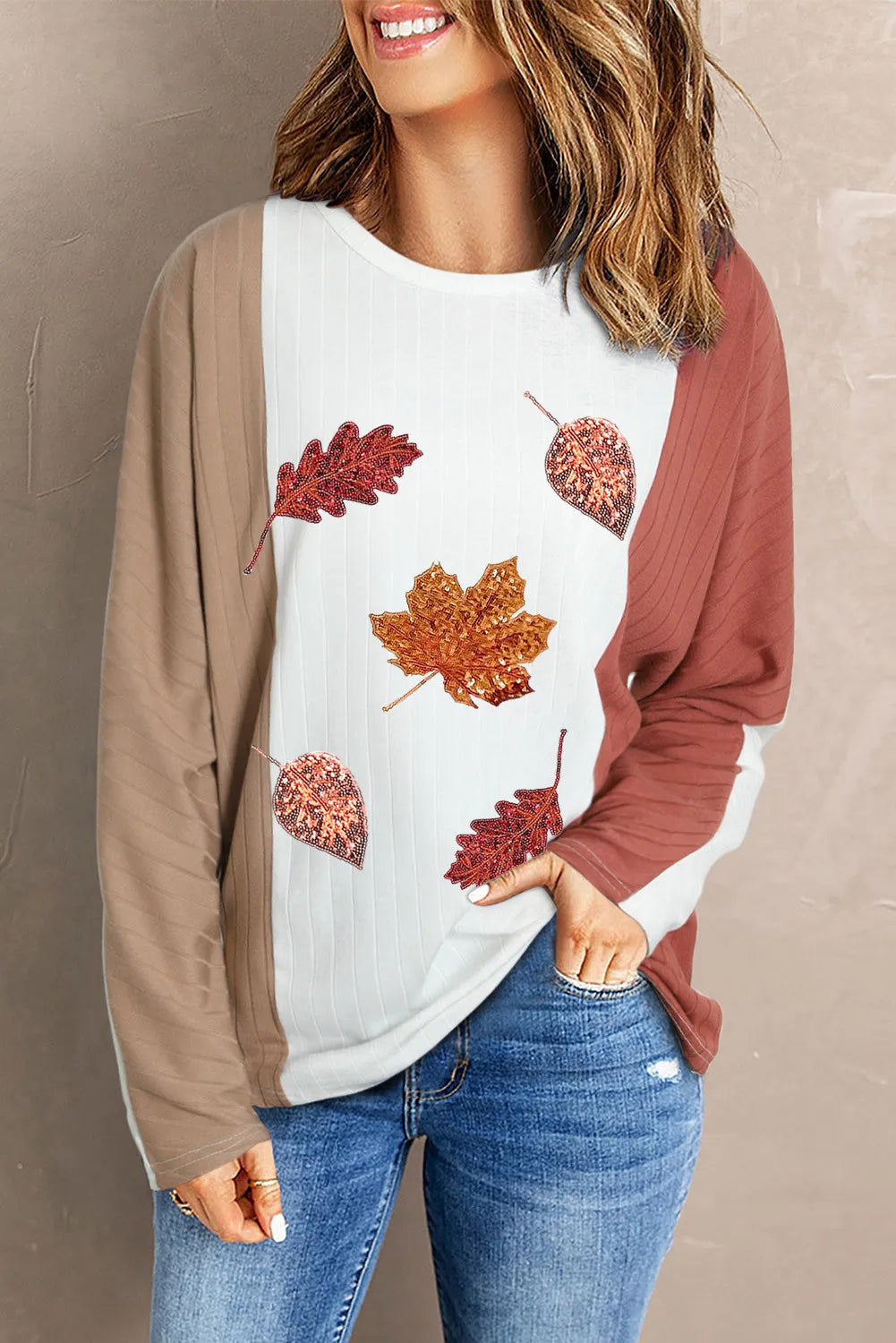 Maple Leaf Round Neck Long Sleeve T-Shirt-TOPS / DRESSES-[Adult]-[Female]-White-S-2022 Online Blue Zone Planet