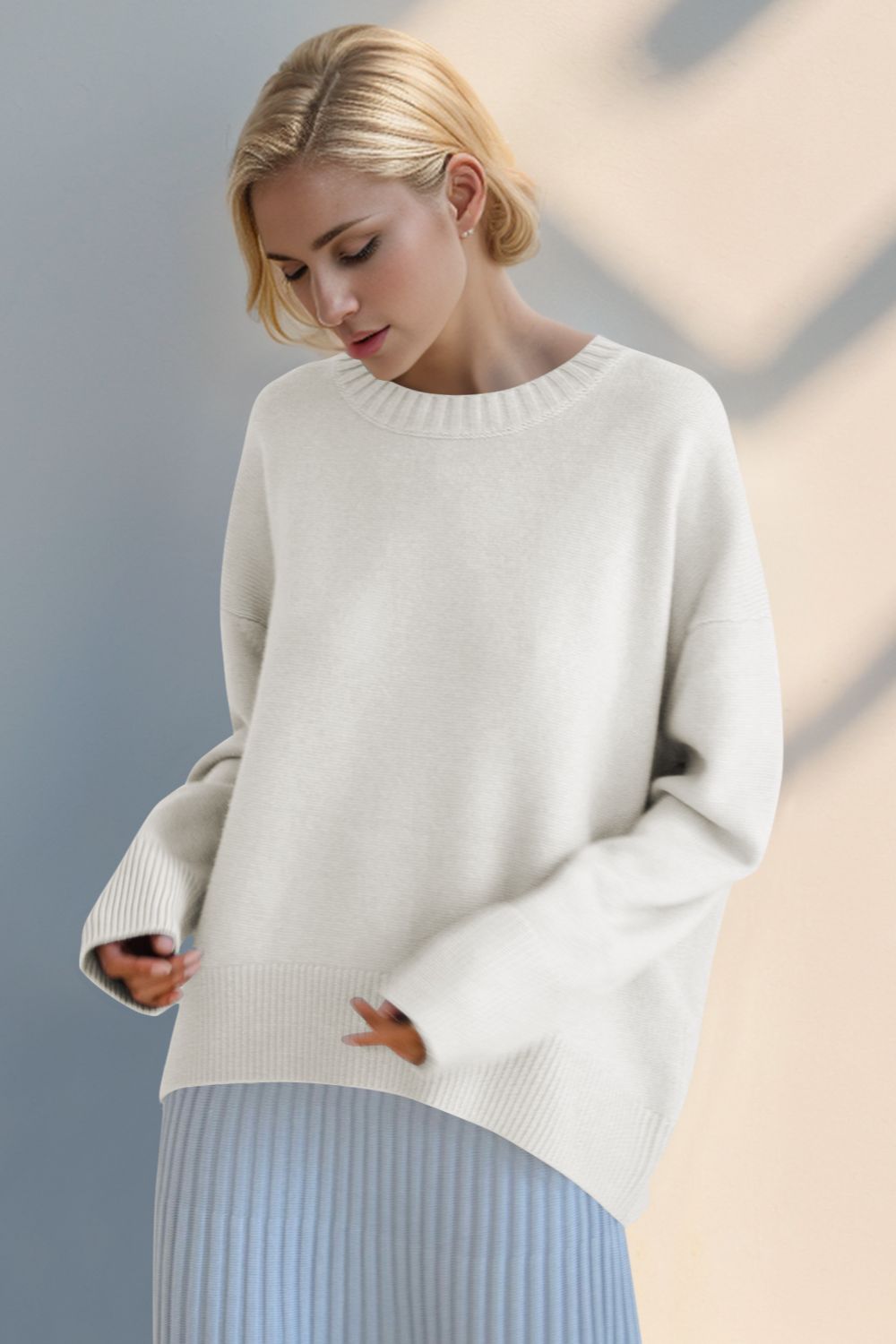 Basic Bae Round Neck Dropped Shoulder Sweater-TOPS / DRESSES-[Adult]-[Female]-White-One Size-2022 Online Blue Zone Planet