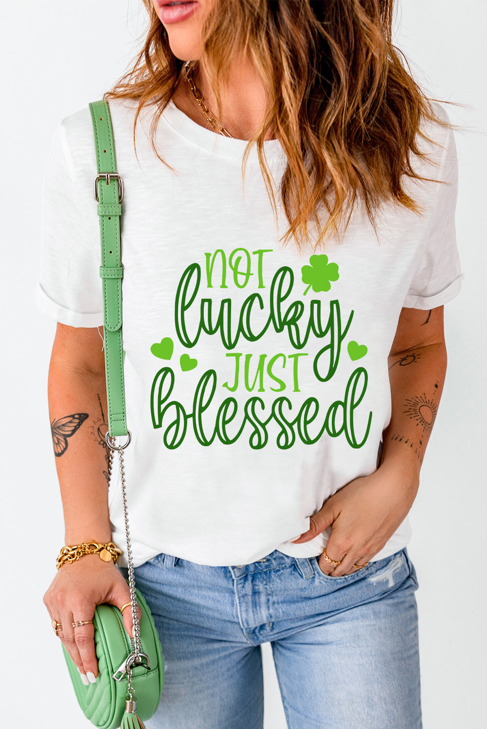 White St Patricks Not Luck Just Blessed Graphic T-shirt-Graphic/Graphic Tees-[Adult]-[Female]-2022 Online Blue Zone Planet