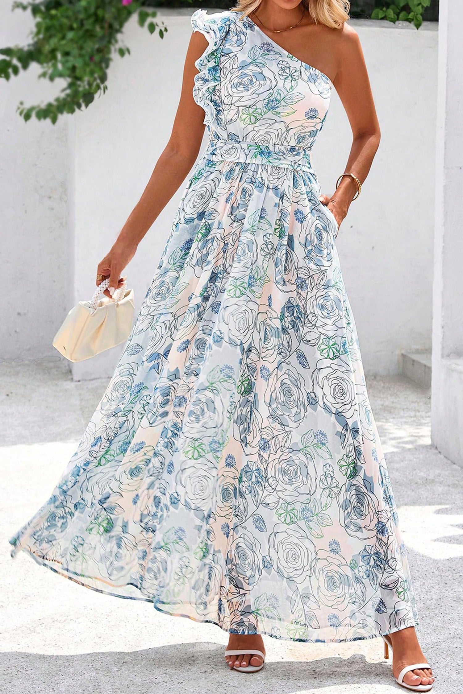 Sky Blue Floral Print Ruffled One Shoulder Vacation Maxi Dress-Dresses/Floral Dresses-[Adult]-[Female]-Sky Blue-S-2022 Online Blue Zone Planet