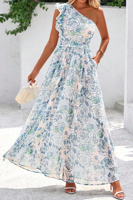 Sky Blue Floral Print Ruffled One Shoulder Vacation Maxi Dress-Dresses/Floral Dresses-[Adult]-[Female]-Sky Blue-S-2022 Online Blue Zone Planet