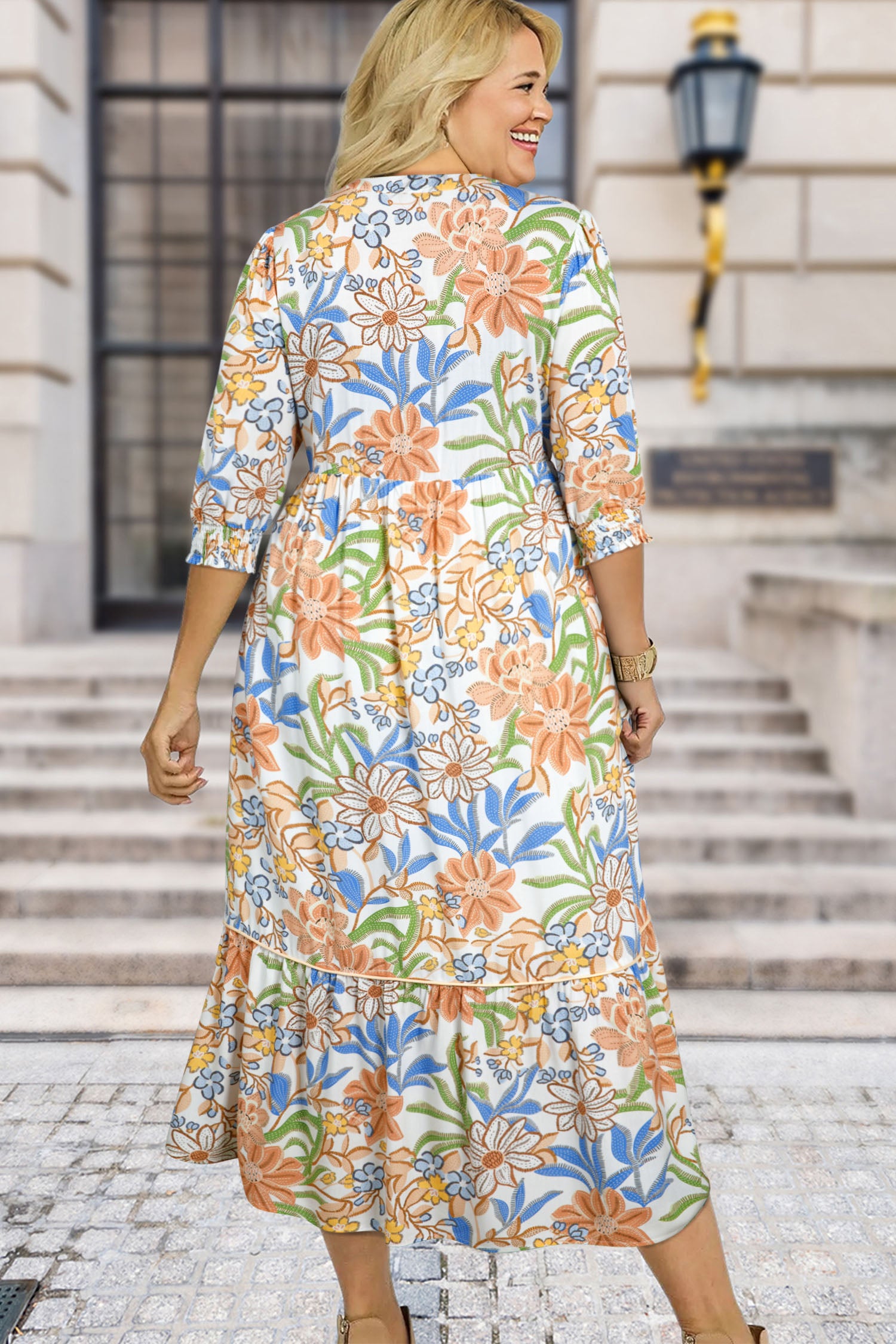 Khaki Floral Print 3/4 Sleeves Tiered Plus Size Long Dress-Plus Size/Plus Size Dresses/Plus Size Maxi Dresses-[Adult]-[Female]-2022 Online Blue Zone Planet