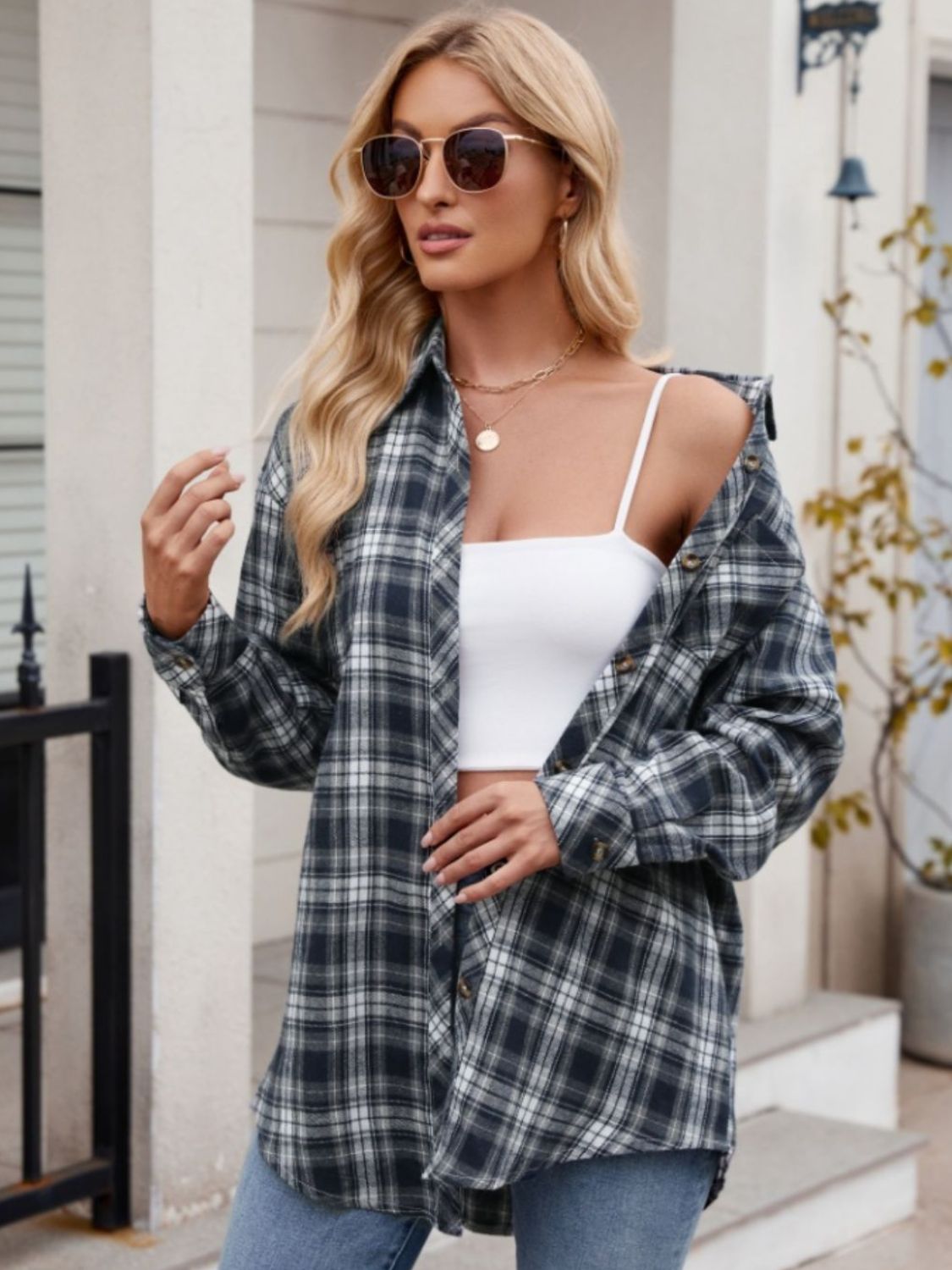 Blue Zone Planet | Pocketed Plaid Collared Neck Long Sleeve Shirt-TOPS / DRESSES-[Adult]-[Female]-2022 Online Blue Zone Planet