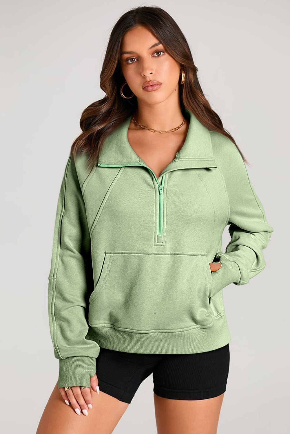 Smoke Green Quarter Zip Stand Neck Kangaroo Pocket Sweatshirt-Tops/Sweatshirts & Hoodies-[Adult]-[Female]-2022 Online Blue Zone Planet