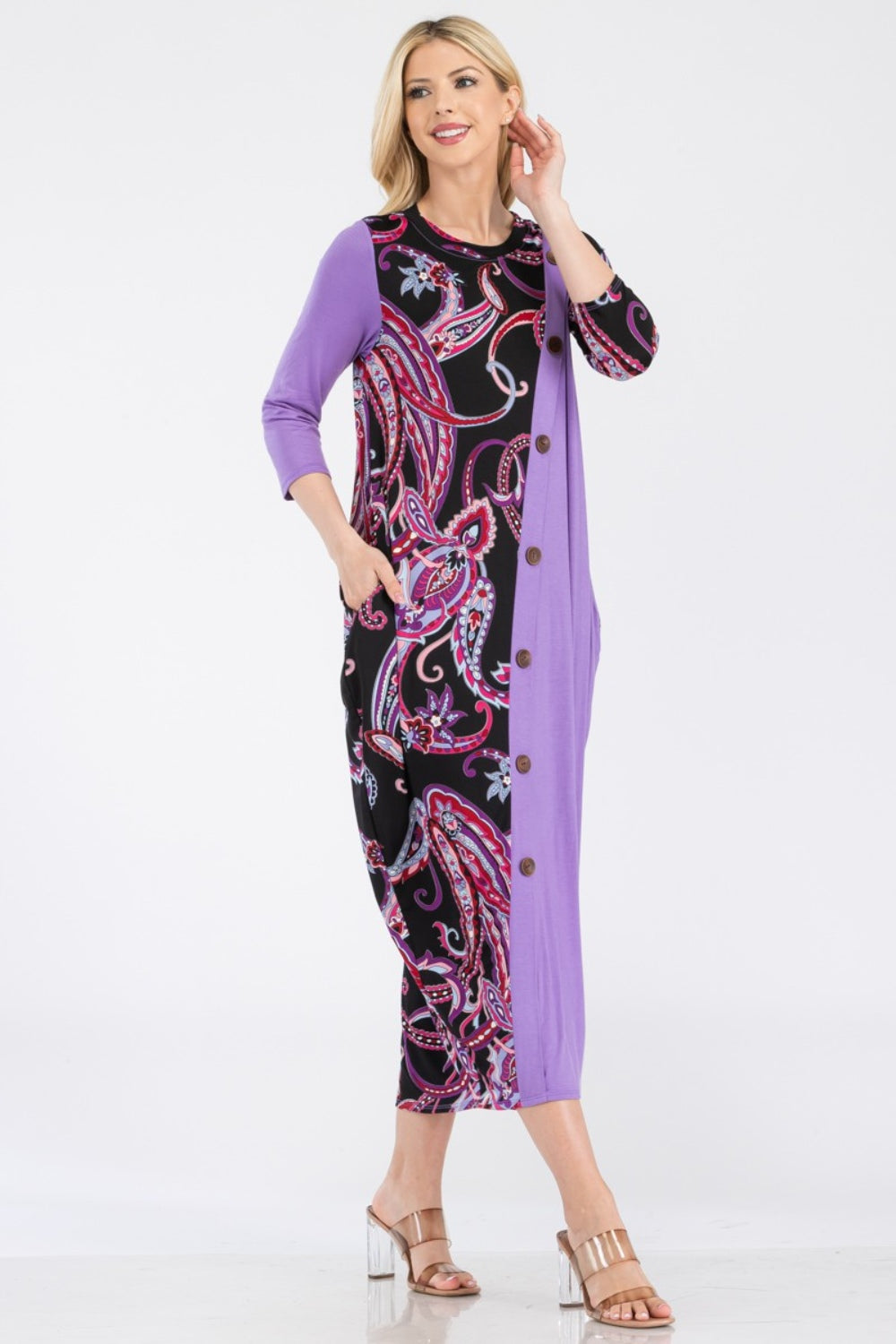 Celeste Full Size Paisley Contrast Midi Dress with Pockets-TOPS / DRESSES-[Adult]-[Female]-2022 Online Blue Zone Planet