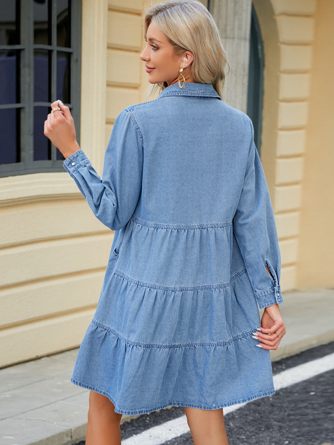 Tiered Button Up Long Sleeve Denim Dress Blue Zone Planet