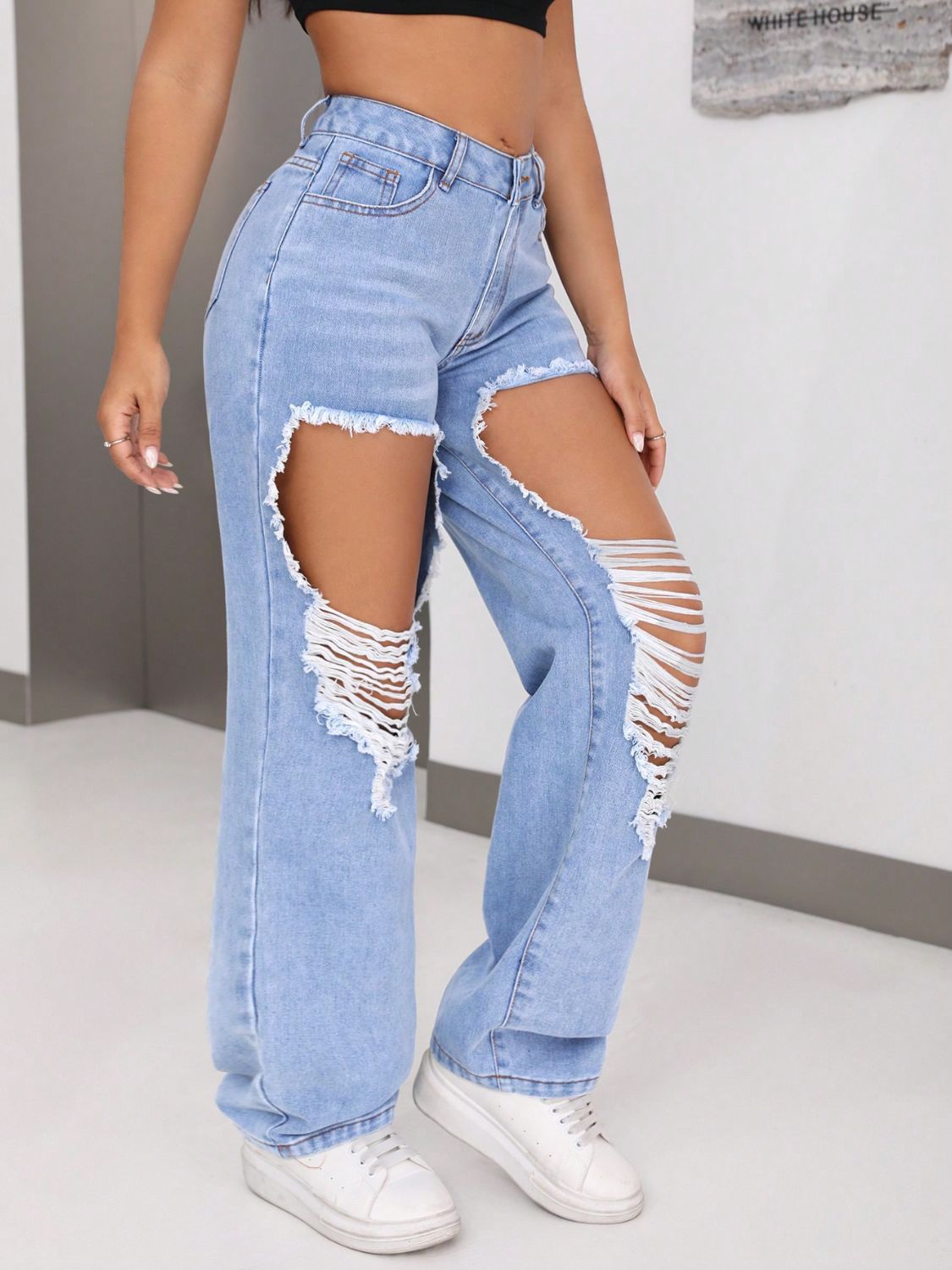 Distressed Jeans with Pockets-BOTTOMS SIZES SMALL MEDIUM LARGE-[Adult]-[Female]-2022 Online Blue Zone Planet