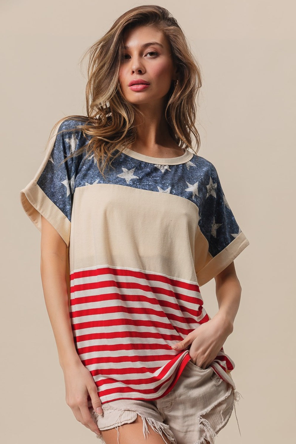 BiBi American Flag Theme Short Sleeve T-Shirt-TOPS / DRESSES-[Adult]-[Female]-2022 Online Blue Zone Planet