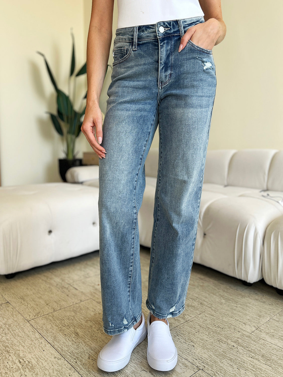 Judy Blue Full Size Mid Rise Distressed Straight Jeans-BOTTOMS SIZES SMALL MEDIUM LARGE-[Adult]-[Female]-Medium-3/26-2022 Online Blue Zone Planet