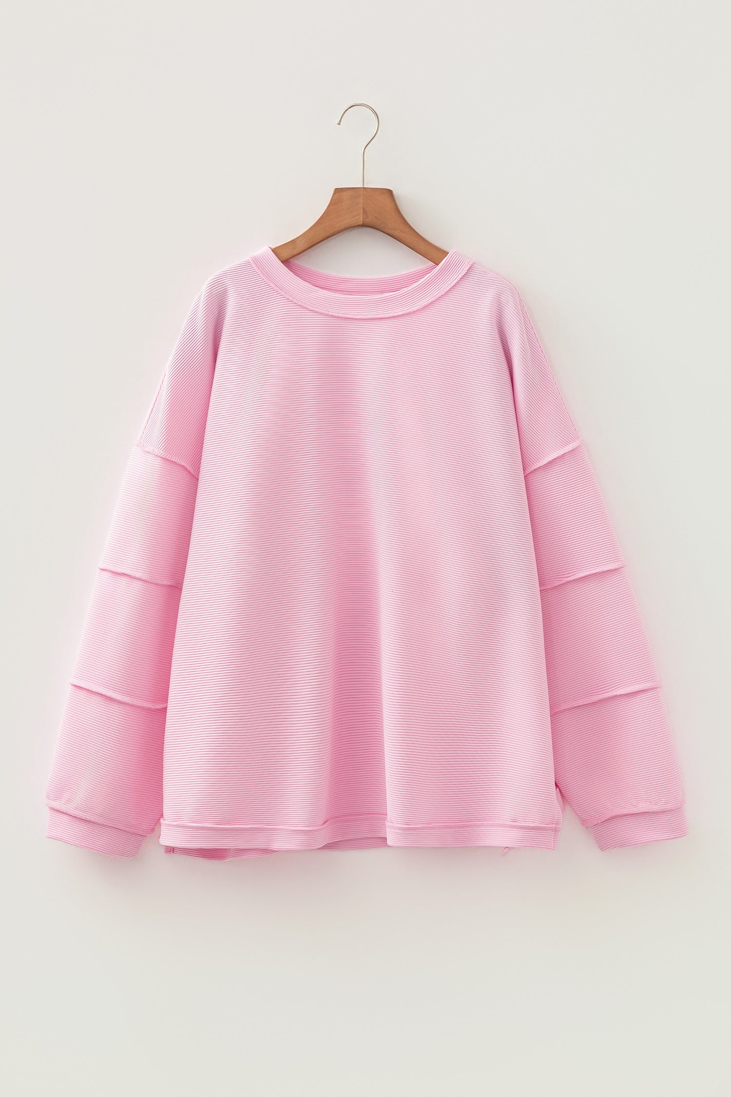 Pink Drop Shoulder Long Sleeve Plus Size Ribbed Top-Plus Size/Plus Size Tops/Plus Size Long Sleeve Tops-[Adult]-[Female]-2022 Online Blue Zone Planet
