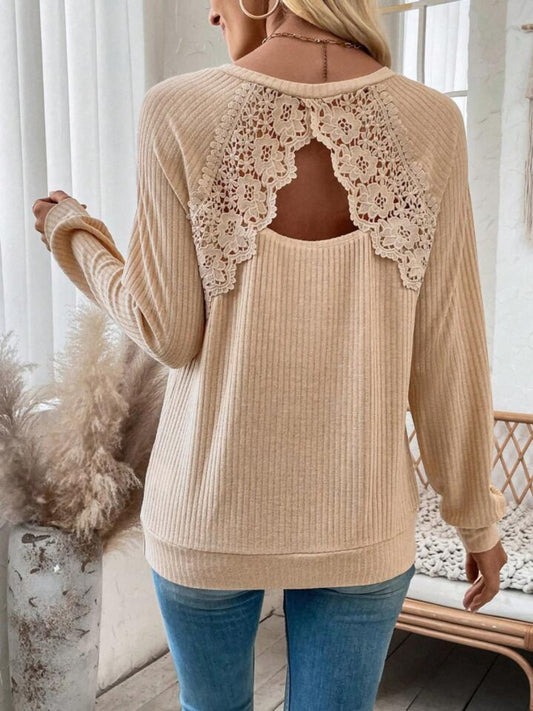 Lace Detail Cutout V-Neck Long Sleeve T-Shirt-TOPS / DRESSES-[Adult]-[Female]-Tan-S-2022 Online Blue Zone Planet