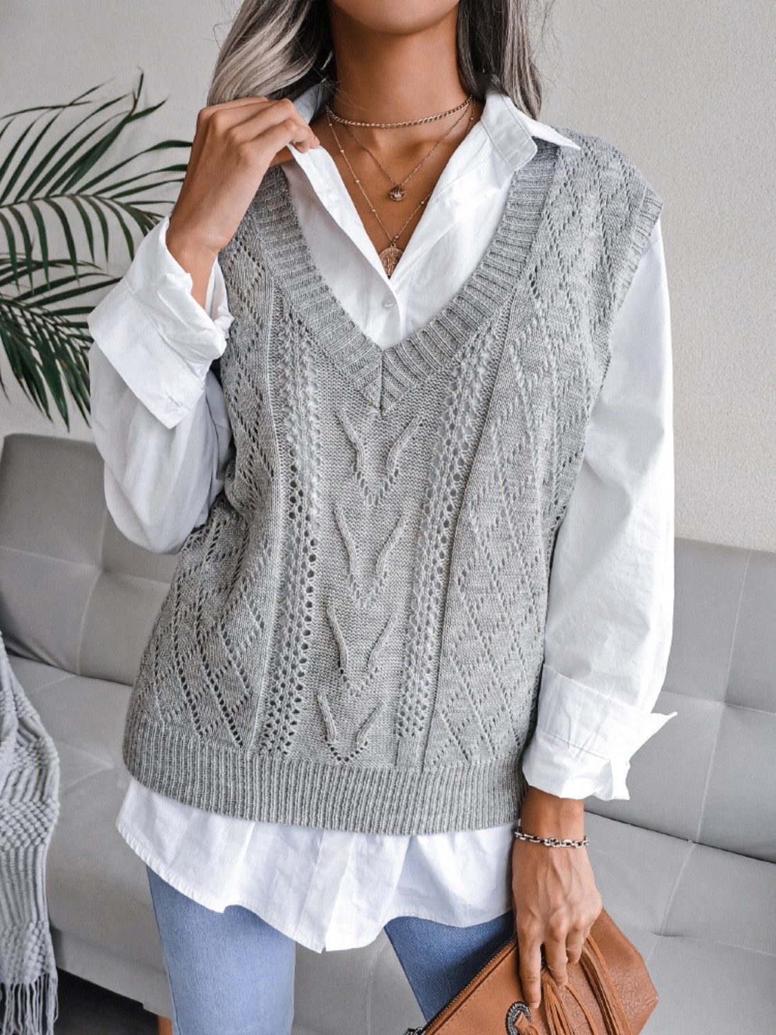 Openwork V-Neck Sweater Vest-TOPS / DRESSES-[Adult]-[Female]-2022 Online Blue Zone Planet