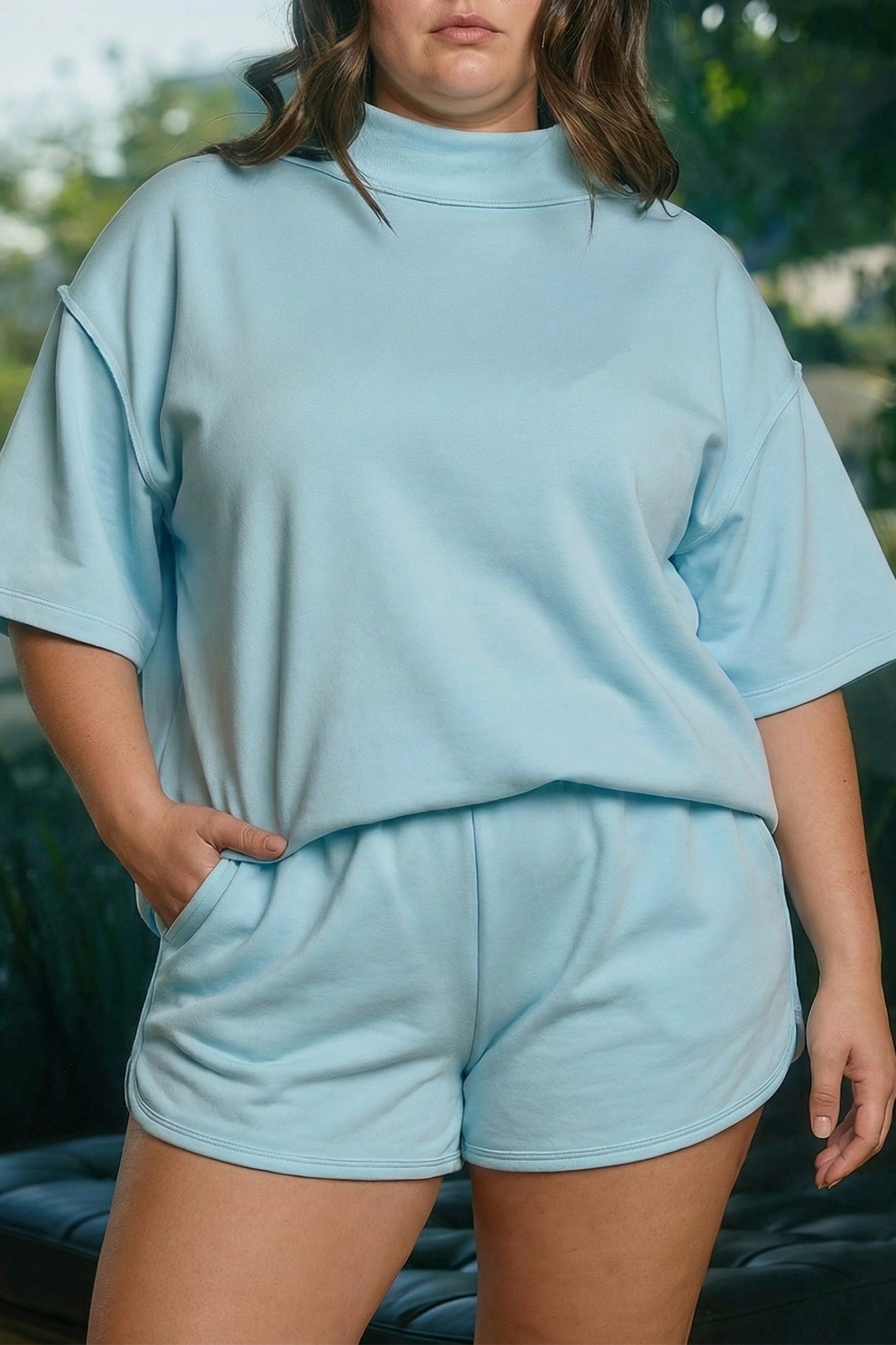 Mist Blue Solid Color Mock Neck Half Sleeve Top Plus Size 2pcs Short Set-Plus Size/Plus Size Loungewear-[Adult]-[Female]-Mist Blue-1X-2022 Online Blue Zone Planet
