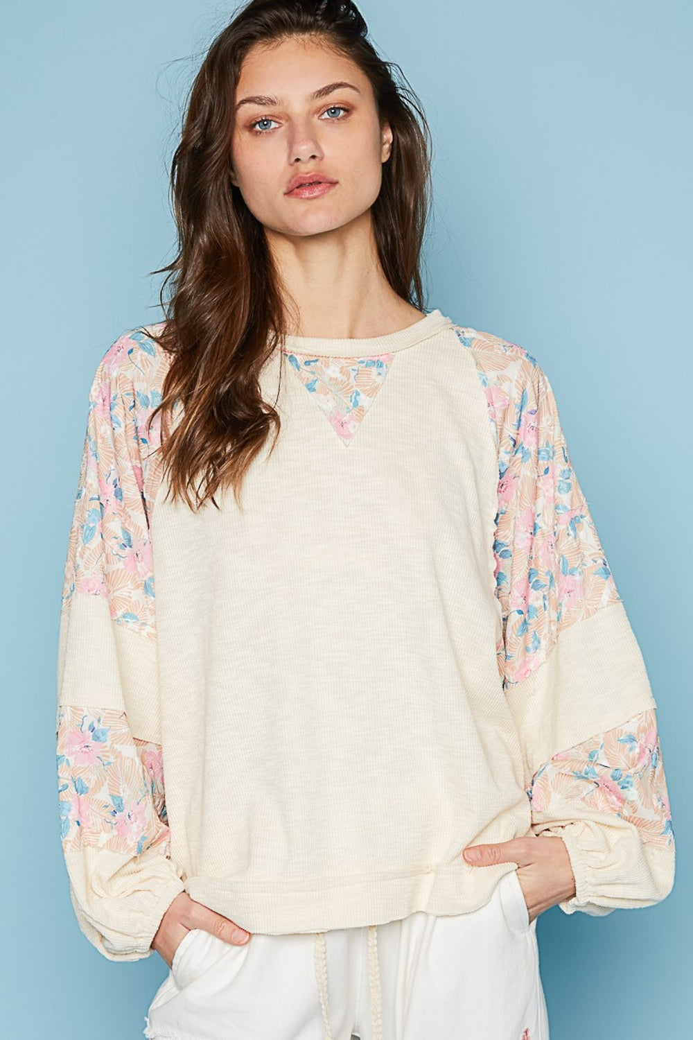 POL Round Neck Balloon Floral Long Sleeve Top-TOPS / DRESSES-[Adult]-[Female]-Cream Multi-S-2022 Online Blue Zone Planet