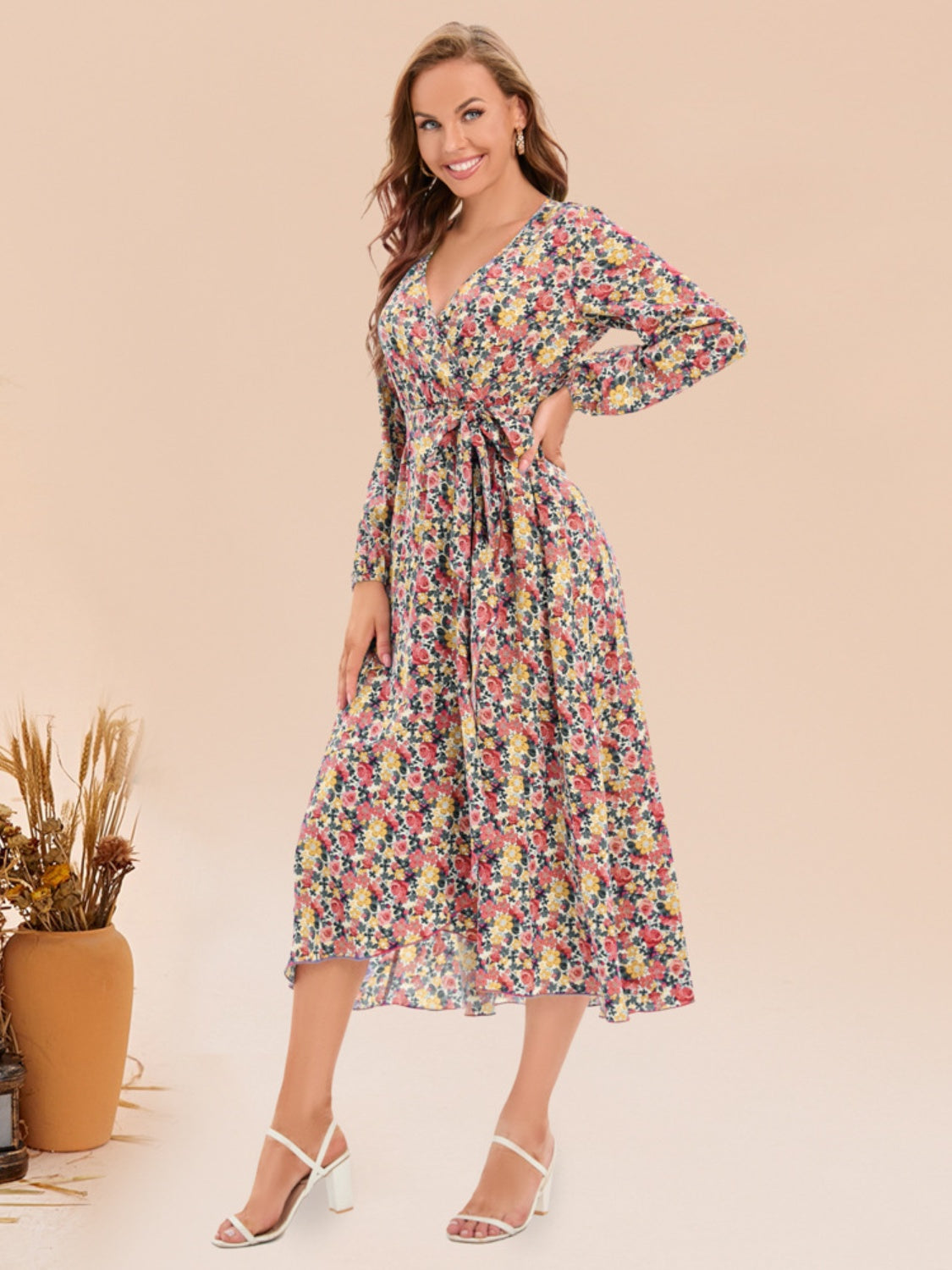 Full Size Printed Surplice Long Sleeve Dress BLUE ZONE PLANET