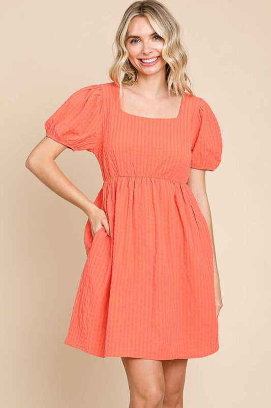 Culture Code Textured Square Neck Short Sleeve Dress-TOPS / DRESSES-[Adult]-[Female]-Sugar Coral-S-2022 Online Blue Zone Planet