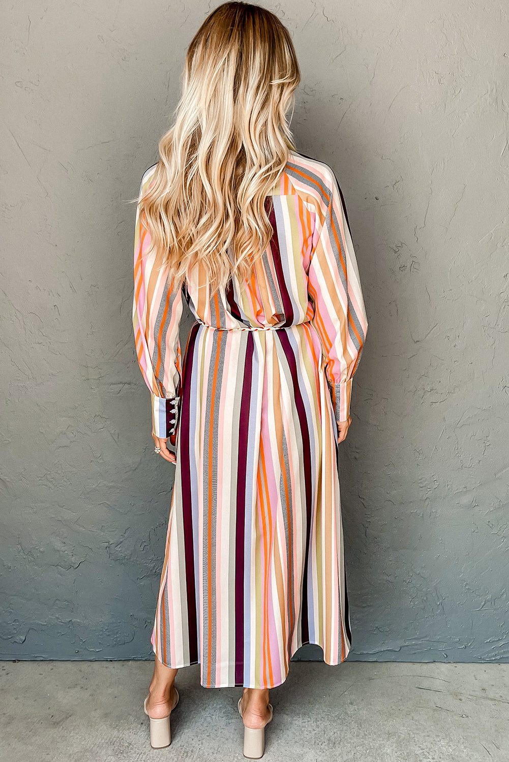 White Multicolor Striped Cuffed Sleeve Tassel Tied Shirt Maxi Dress-Dresses/Maxi Dresses-[Adult]-[Female]-2022 Online Blue Zone Planet