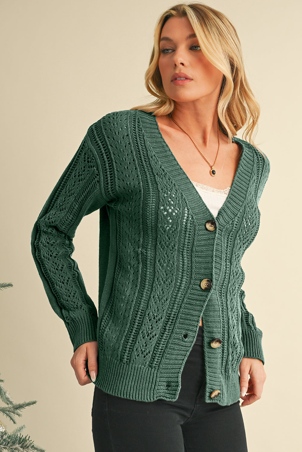 Blue Zone Planet | Green Hollow Knit Drop Shoulder Cardigan-Cardigans-[Adult]-[Female]-2022 Online Blue Zone Planet