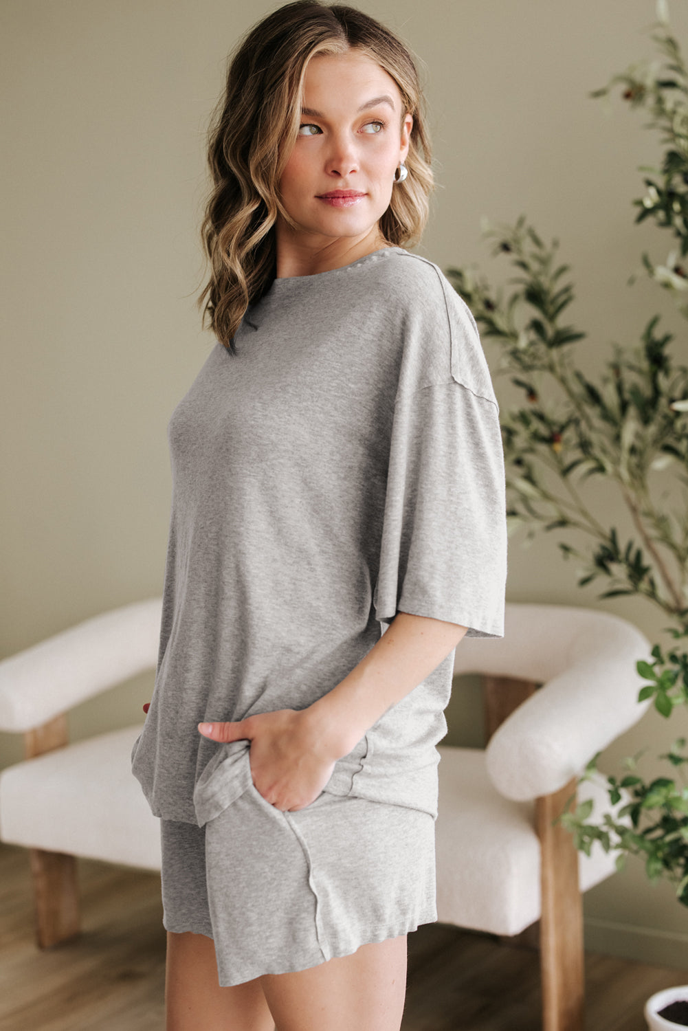 Gray Solid Color Loose Tee 2 Piece Shorts Set-Two Piece Sets/Short Sets-[Adult]-[Female]-2022 Online Blue Zone Planet