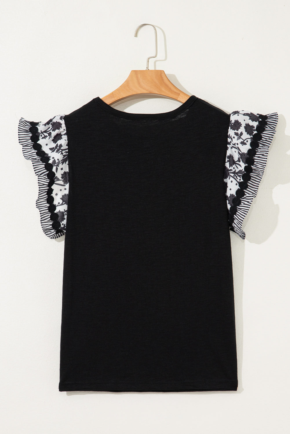 Black Ricrac Trim Printed Flutter Sleeve Contrast Patchwork Blouse-Tops/Blouses & Shirts-[Adult]-[Female]-2022 Online Blue Zone Planet