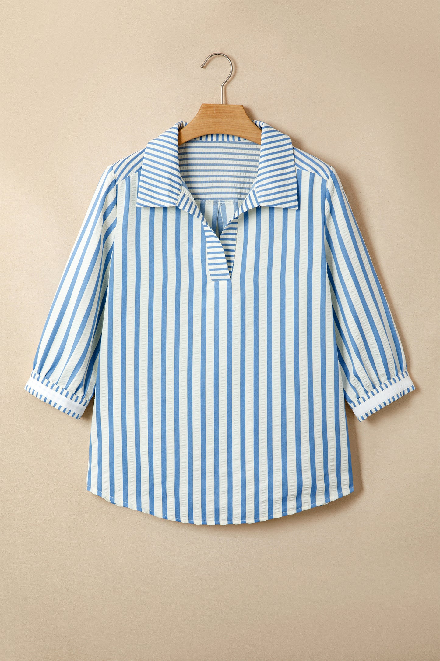 Sky Blue Stripe 3/4 Sleeve Collared Neck Blouse-Tops/Blouses & Shirts-[Adult]-[Female]-2022 Online Blue Zone Planet