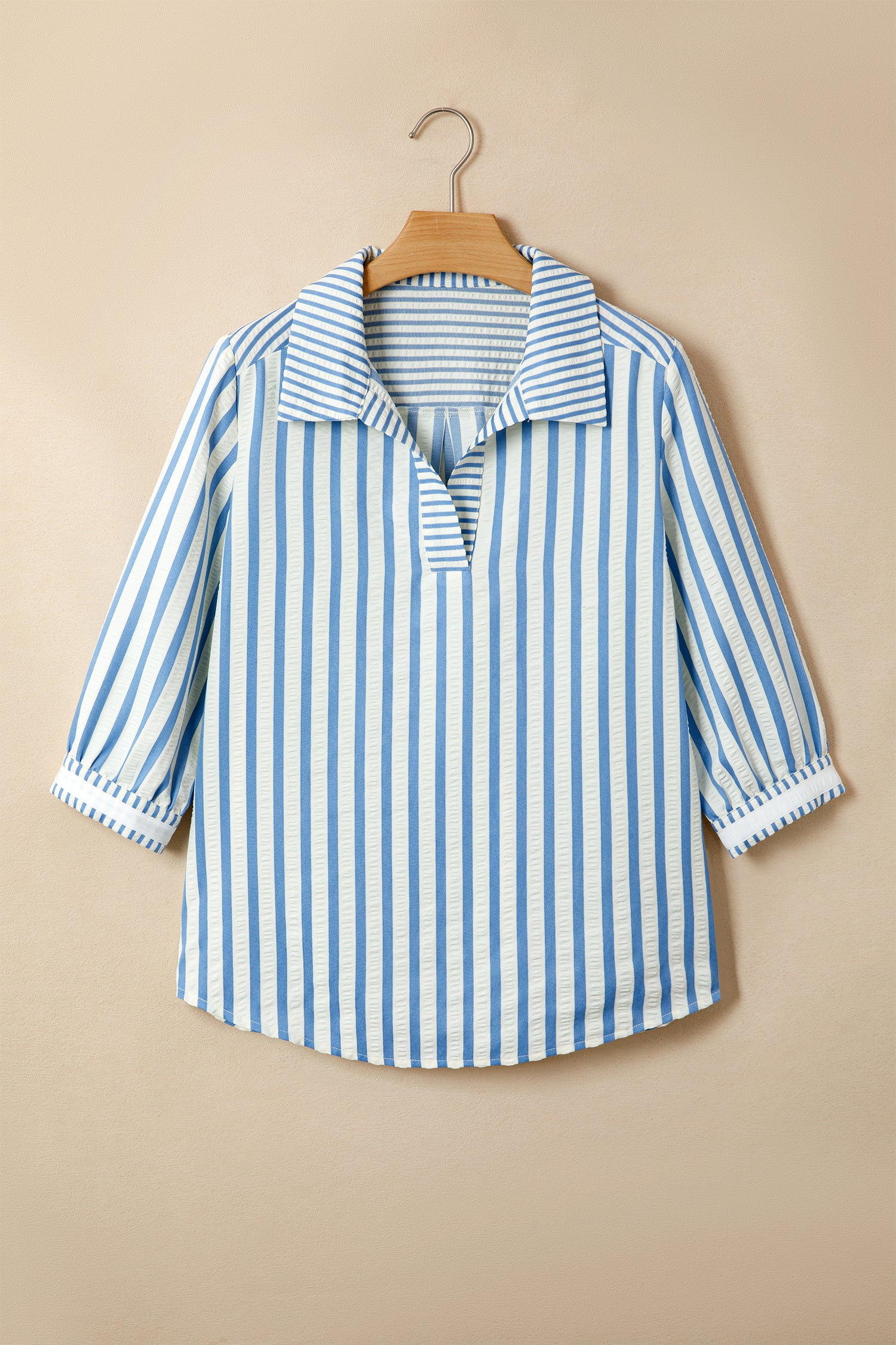 Sky Blue Stripe 3/4 Sleeve Collared Neck Blouse-Tops/Blouses & Shirts-[Adult]-[Female]-2022 Online Blue Zone Planet