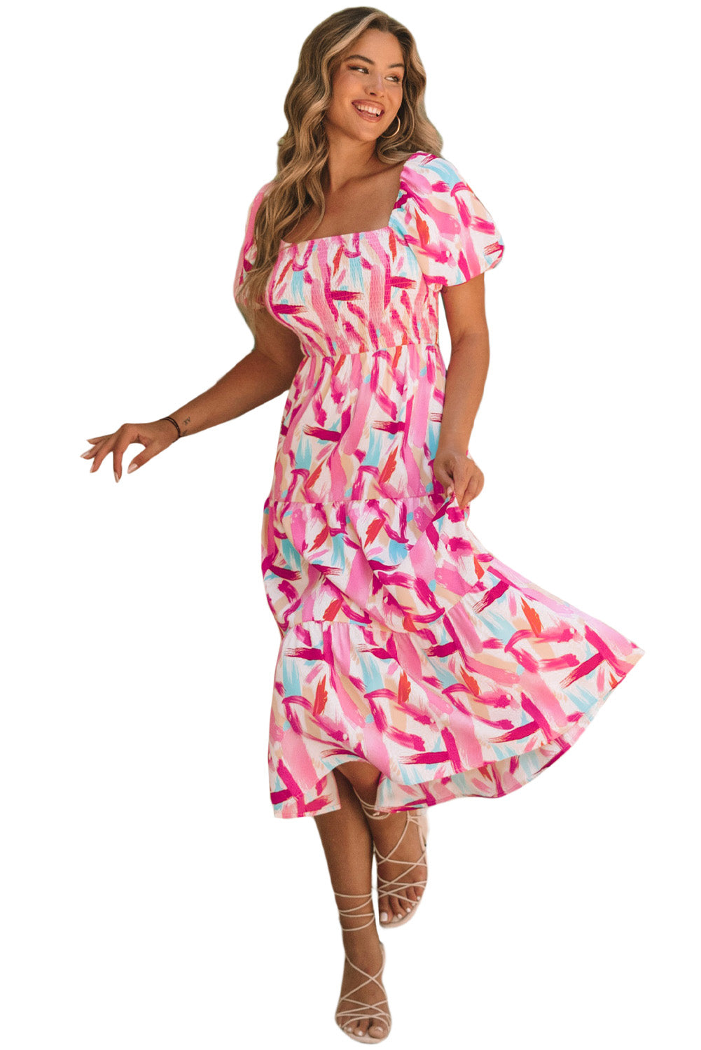 Pink Brush Stroke Printed Smocked Ruffle Tiered Dress Blue Zone Planet