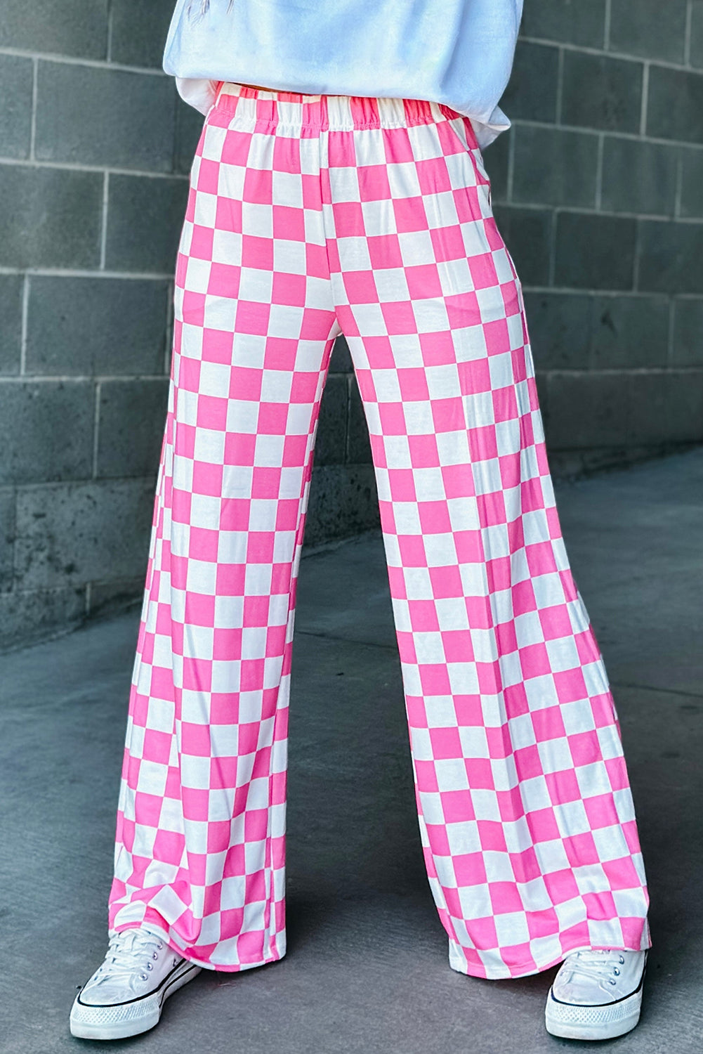 Bonbon 2-Tone Checked Print High Waist Wide Leg Pants-Bottoms/Pants & Culotte-[Adult]-[Female]-2022 Online Blue Zone Planet