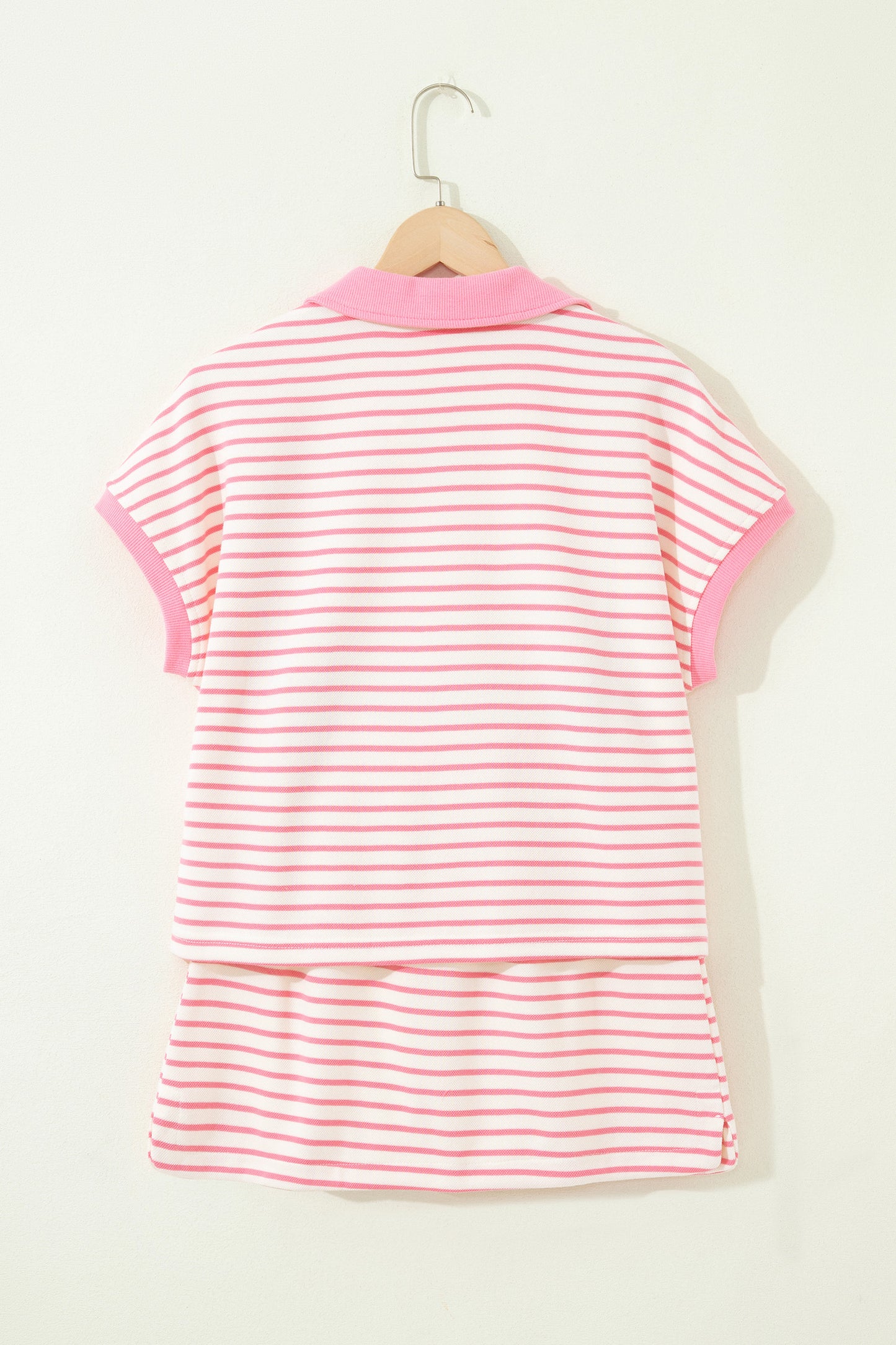 Pink Stripe Color Block Patchwork Polo Tee Drawstring Elastic Waist 2pcs Skort Set-Two Piece Sets/Two Piece Dresses-[Adult]-[Female]-2022 Online Blue Zone Planet
