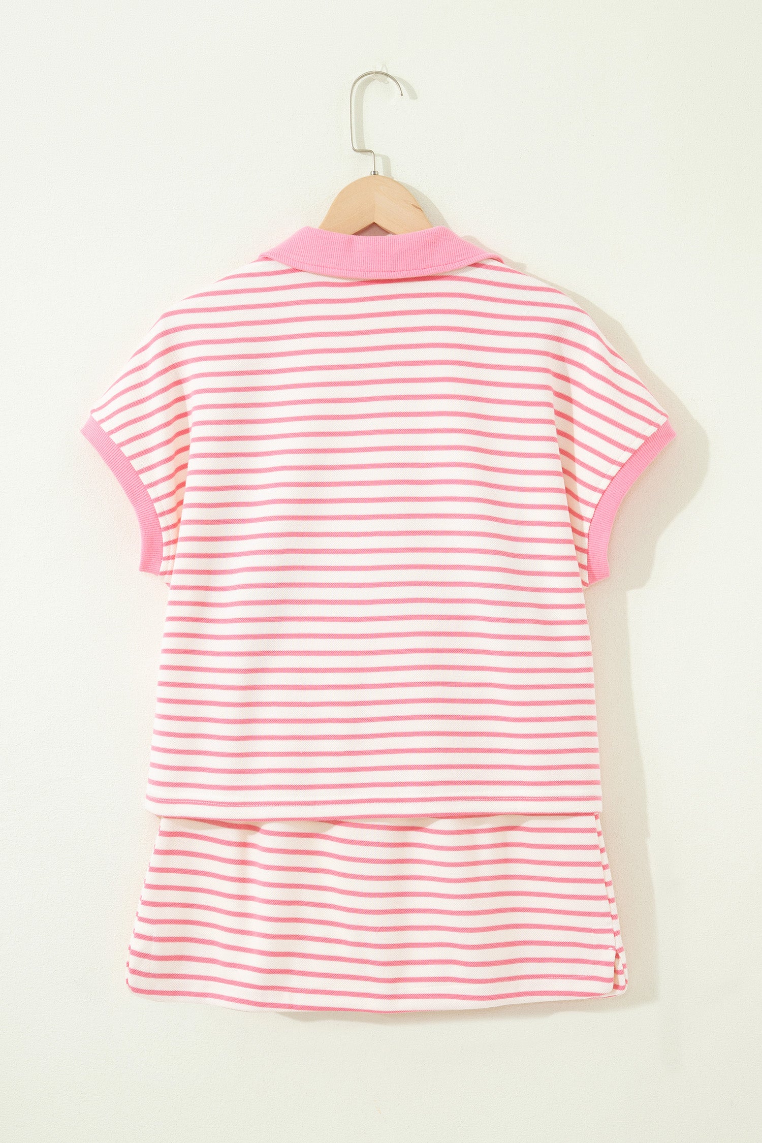 Pink Stripe Color Block Patchwork Polo Tee Drawstring Elastic Waist 2pcs Skort Set-Two Piece Sets/Two Piece Dresses-[Adult]-[Female]-2022 Online Blue Zone Planet