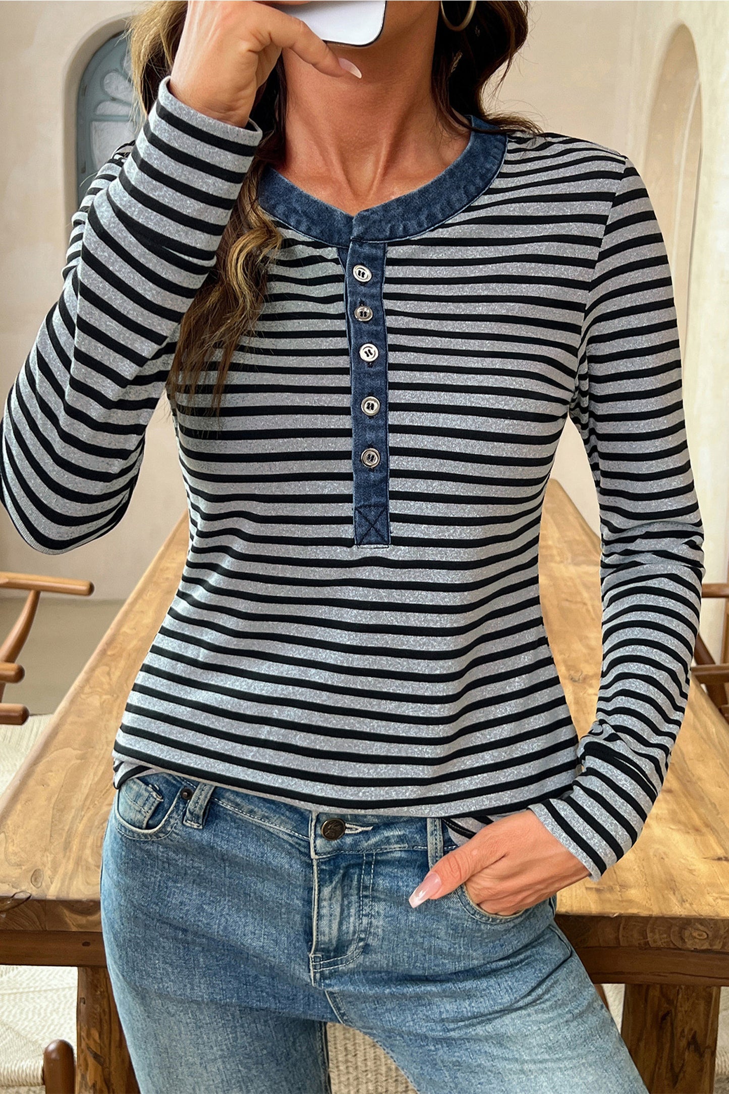 Gray Stripe Denim Contrast Collar Half Button Long Sleeve Top-Tops/Long Sleeve Tops-[Adult]-[Female]-2022 Online Blue Zone Planet