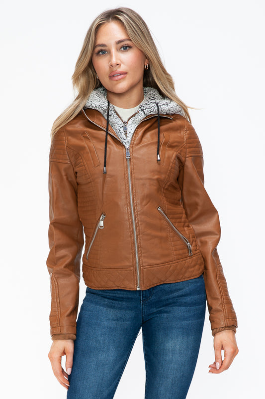 Blue Zone Planet | YMI Faux Layered Double-Zipper Jacket with Fuzzy Hood-TOPS / DRESSES-[Adult]-[Female]-Camel-S-2022 Online Blue Zone Planet