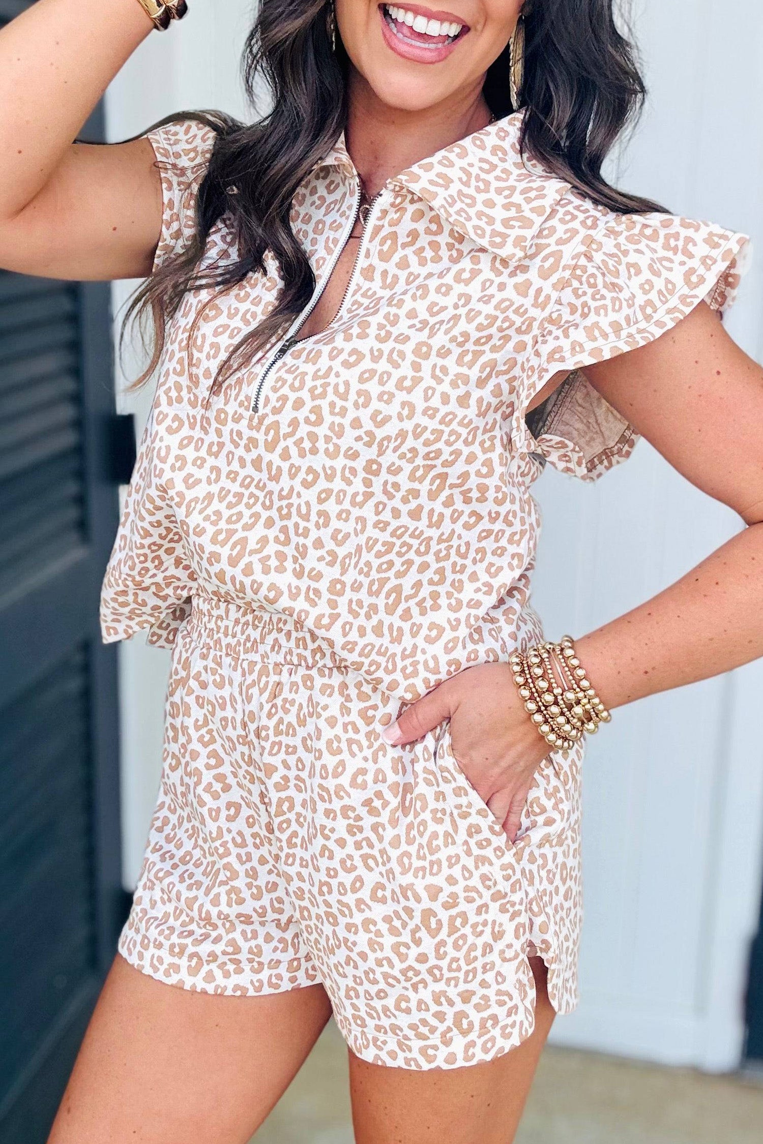 Beige Leopard Zip Polo Top 2pcs Short Set-Two Piece Sets/Short Sets-[Adult]-[Female]-2022 Online Blue Zone Planet
