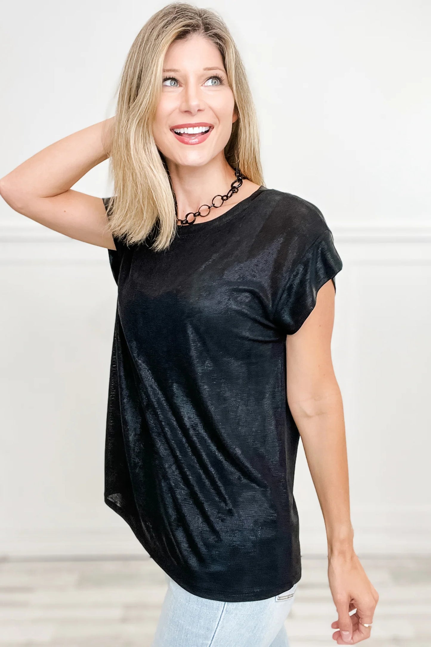 Black Metallic Round Neck Cap Sleeve Tee-Tops/Tops & Tees-[Adult]-[Female]-2022 Online Blue Zone Planet