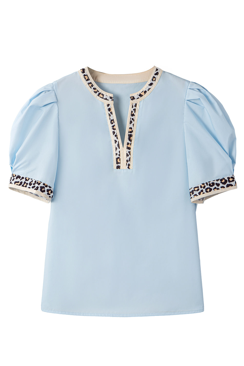 Beau Blue Contrast Leopard Trim Split Neck Puff Sleeve Blouse-Tops/Blouses & Shirts-[Adult]-[Female]-2022 Online Blue Zone Planet