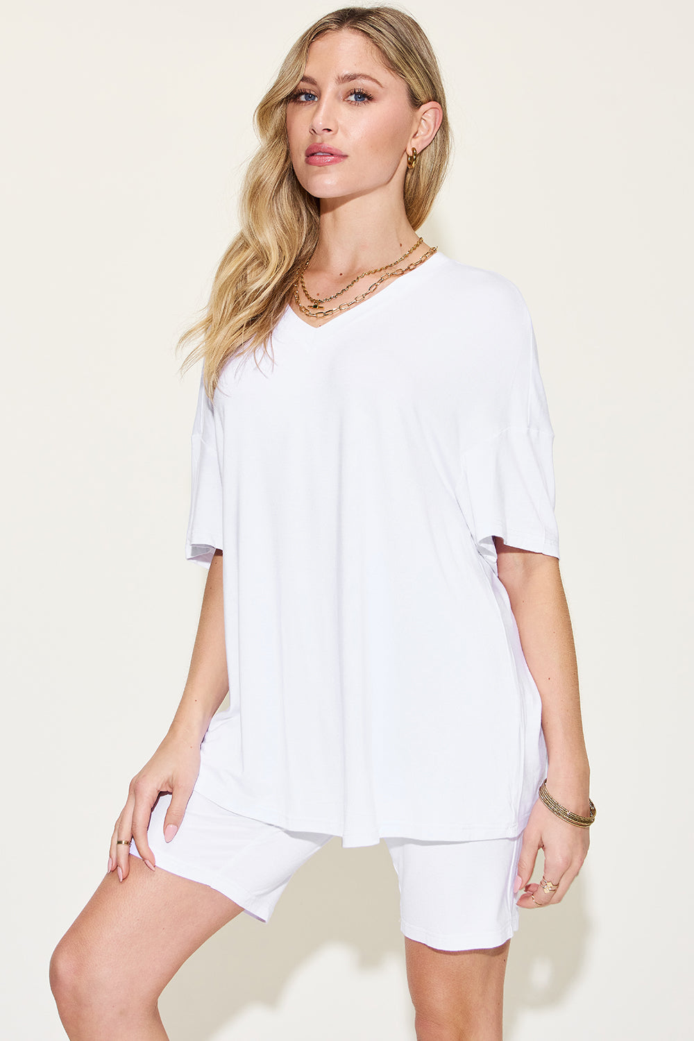 Basic Bae Full Size V-Neck Drop Shoulder T-Shirt and Shorts Set-TOPS / DRESSES-[Adult]-[Female]-White-S-2022 Online Blue Zone Planet