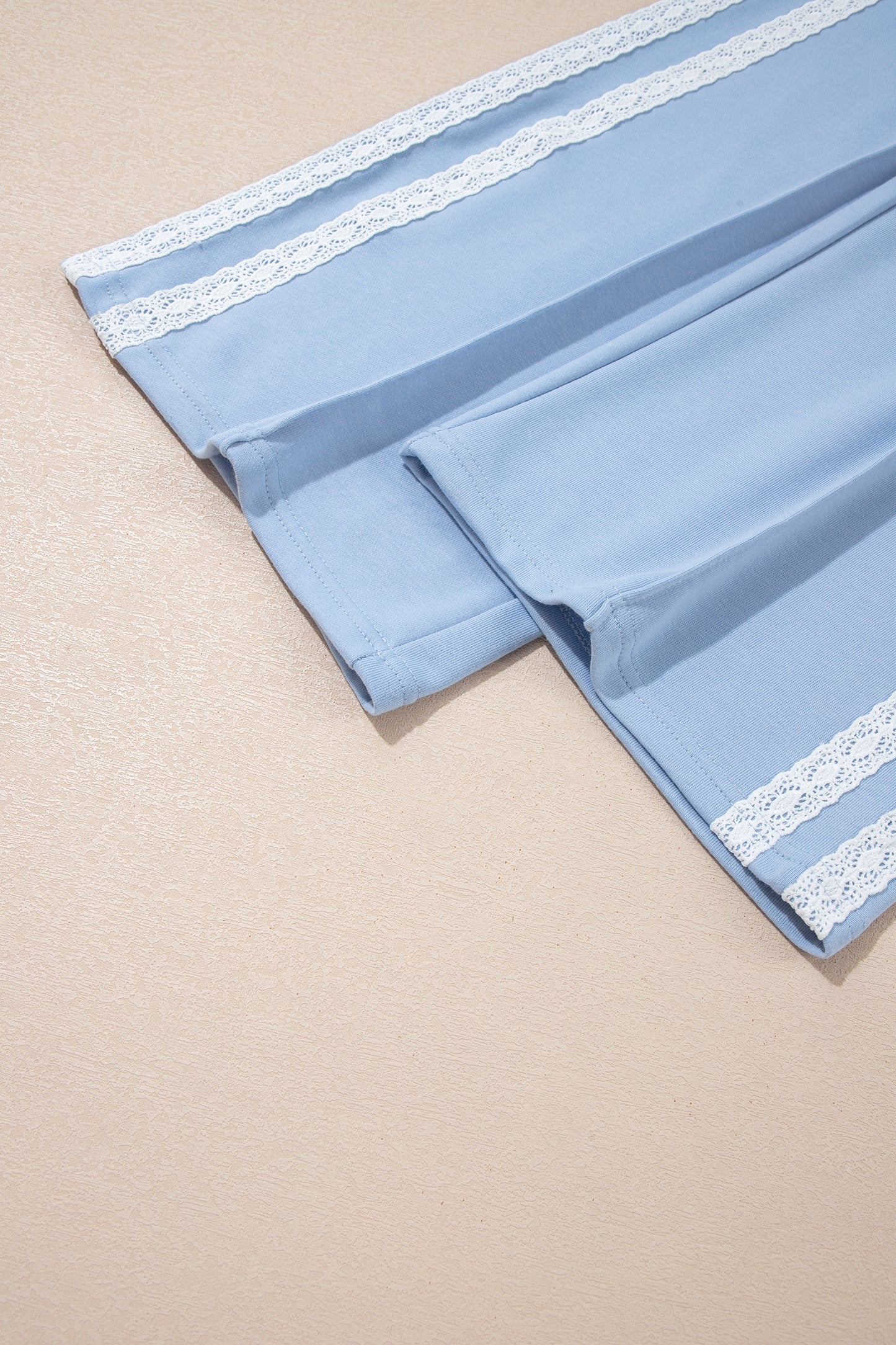Sky Blue Lace Accent Zipped Collar Short Sleeve Top Sweatpants Set-Two Piece Sets/Pant Sets-[Adult]-[Female]-2022 Online Blue Zone Planet