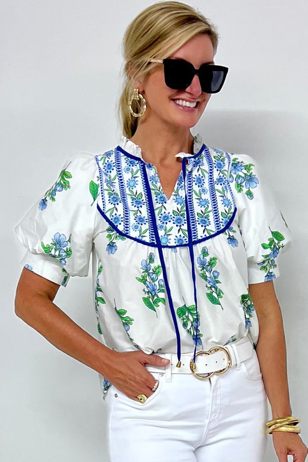 Beige Floral Print Piping Trim Tie Neck Short Sleeve Blouse-Tops/Blouses & Shirts-[Adult]-[Female]-2022 Online Blue Zone Planet