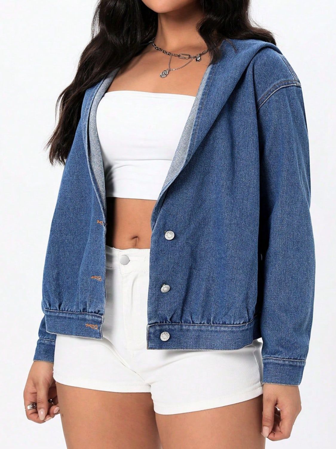 Button Up Hooded Denim Top-TOPS / DRESSES-[Adult]-[Female]-2022 Online Blue Zone Planet