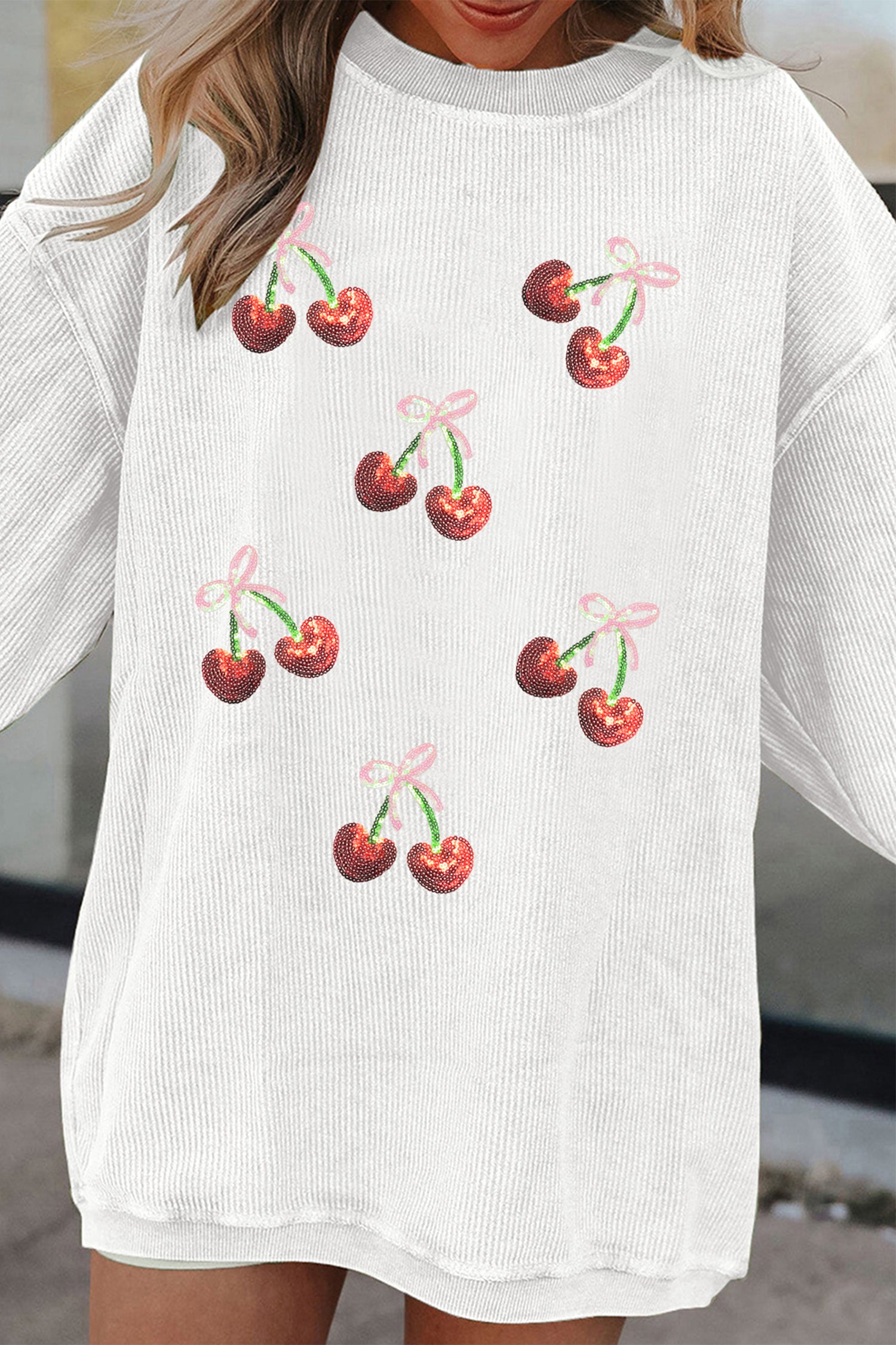 White Corded Ribbed Sequin Cherry Bow Patched Drop Shoulder Sweatshirt-Graphic/Graphic Sweatshirts-[Adult]-[Female]-2022 Online Blue Zone Planet
