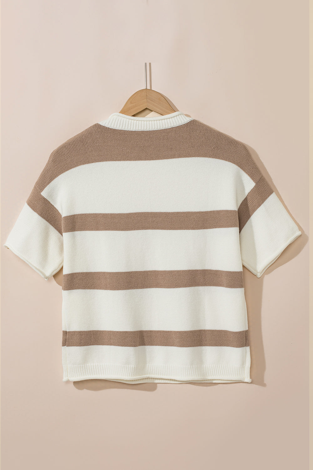 Khaki Stripe Dropped Short Sleeve Lightweight Knitted Top-Tops/Short Sleeve Sweaters-[Adult]-[Female]-2022 Online Blue Zone Planet