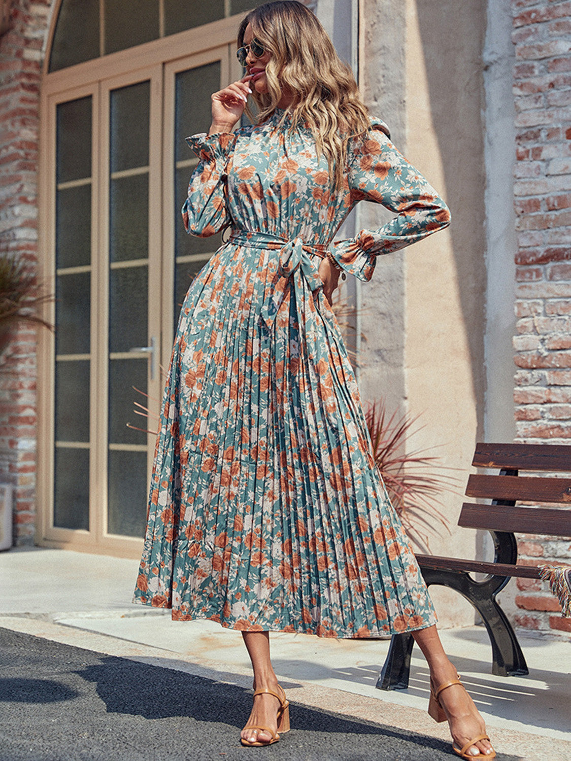 Perfee Tied Pleated Printed Mock Neck Long Sleeve Dress-TOPS / DRESSES-[Adult]-[Female]-2022 Online Blue Zone Planet