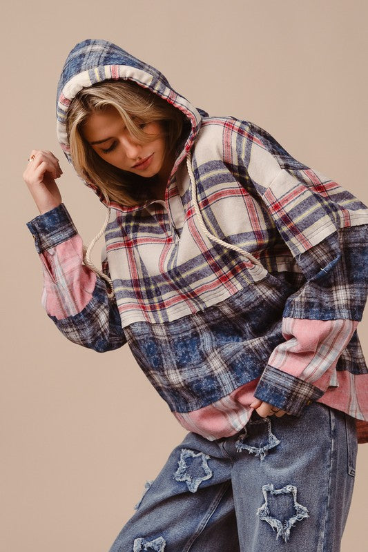 BiBi Drawstring Plaid Drop Shoulder Hoodie-TOPS / DRESSES-[Adult]-[Female]-2022 Online Blue Zone Planet