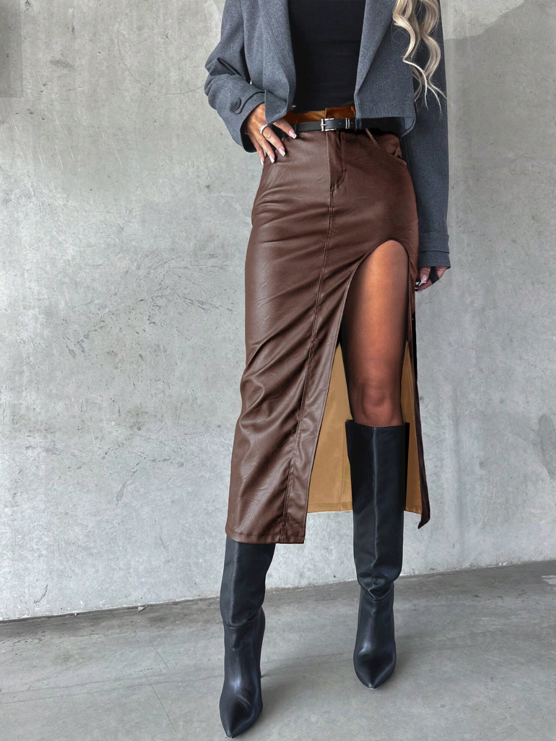 Blue Zone Planet | Slit Midi Skirt with Pockets-BOTTOMS SIZES SMALL MEDIUM LARGE-[Adult]-[Female]-Taupe-S-2022 Online Blue Zone Planet