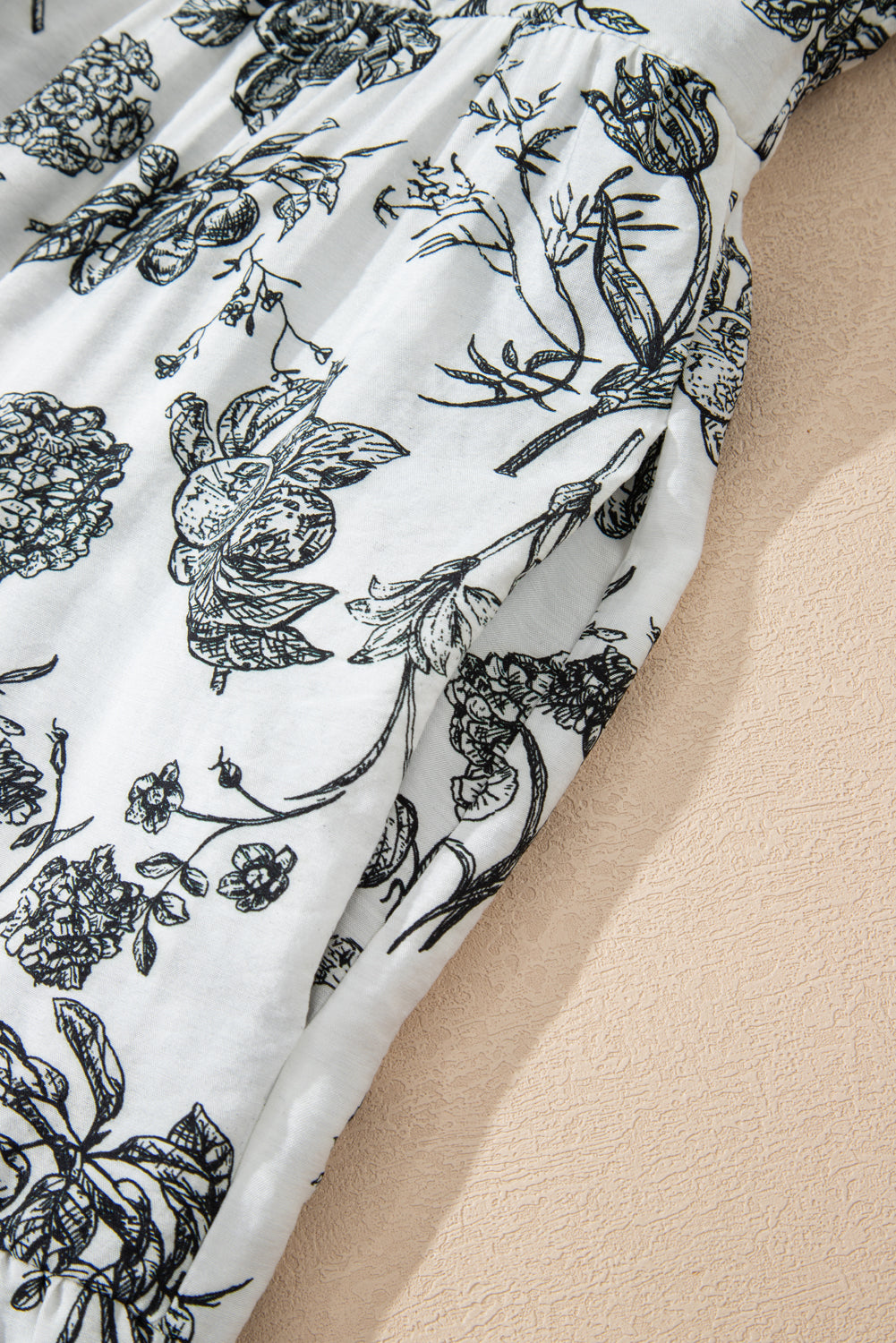 Black Floral Print Piping Trim Notched Neck Ruffle Sleeve Plus Size Long Dress-TOPS / DRESSES-[Adult]-[Female]-2022 Online Blue Zone Planet