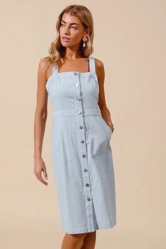 light blue pinafore dress Light Blue Denim Pinafore Dress, Pineapple Pockets, Adjustable Straps