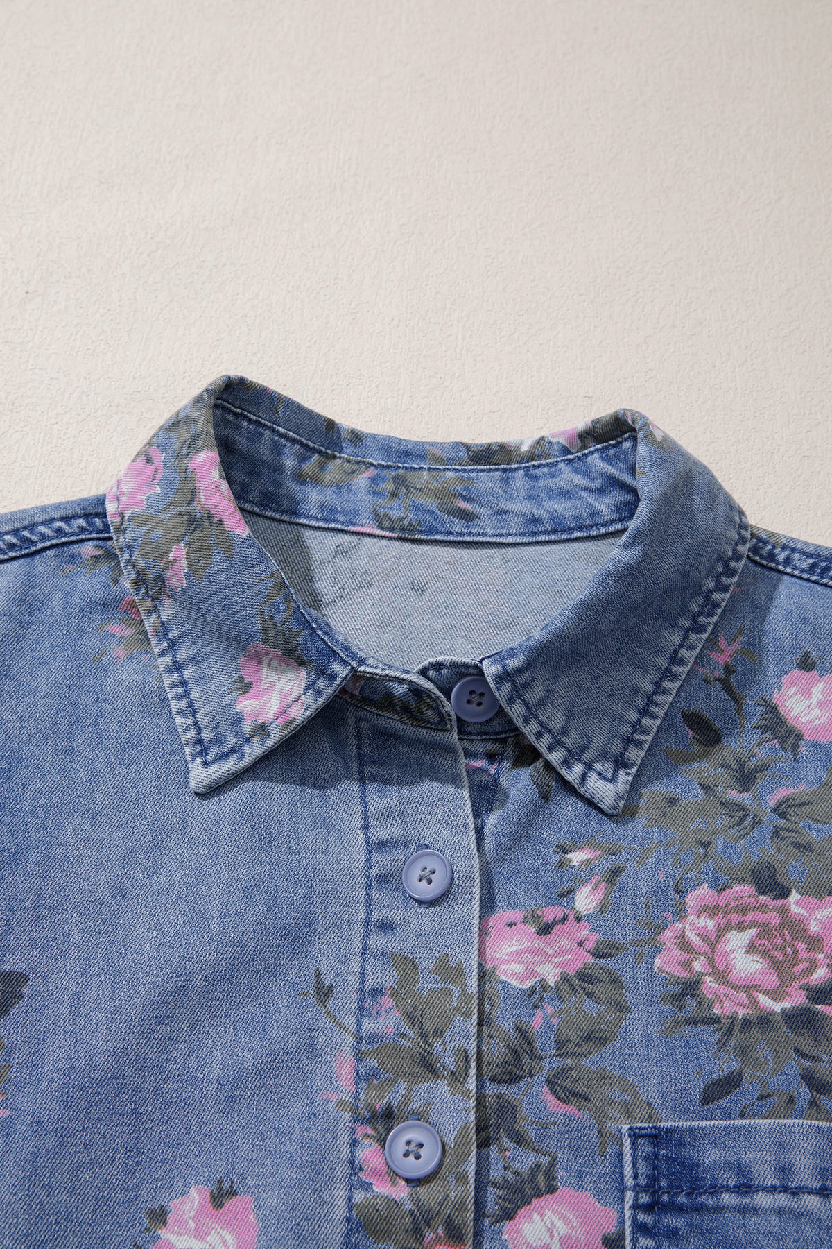 Blue Bracelet Sleeve Floral Denim Shirt-Bracelet-[Adult]-[Female]-2022 Online Blue Zone Planet