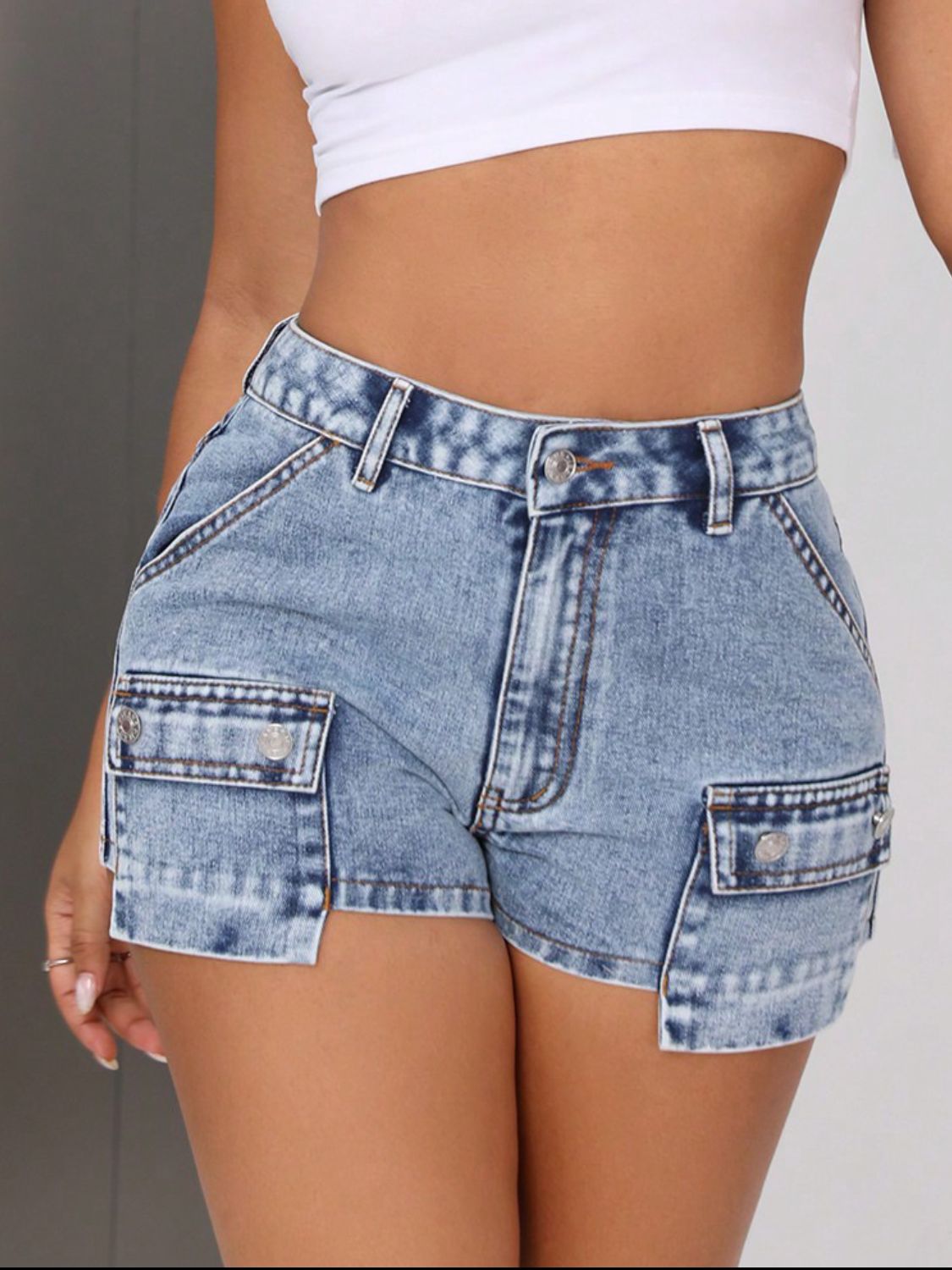 Mid-Rise Waist Denim Shorts with Pockets-BOTTOMS SIZES SMALL MEDIUM LARGE-[Adult]-[Female]-2022 Online Blue Zone Planet