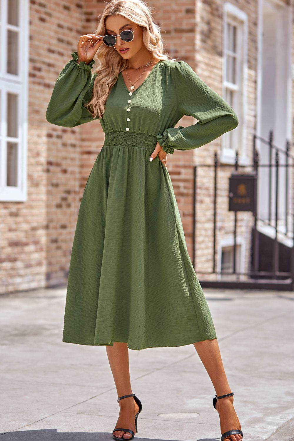 Blue Zone Planet | Smocked V-Neck Flounce Sleeve Midi Dress-TOPS / DRESSES-[Adult]-[Female]-Matcha Green-S-2022 Online Blue Zone Planet